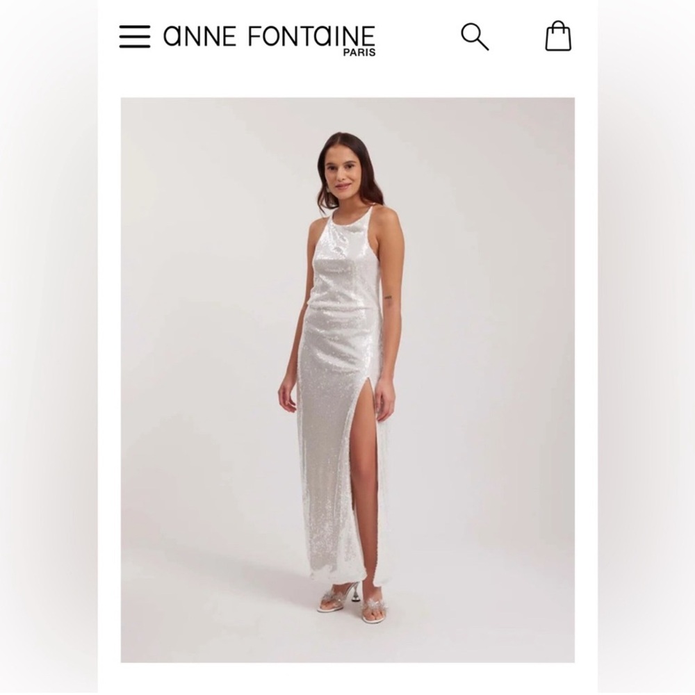 White Iridescent Sequined Halter Dress With Thigh High Slit